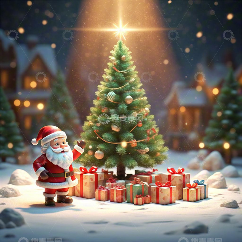 高清大图下载【趣麦麦图】圣诞老人圣诞树礼物雪景背景图