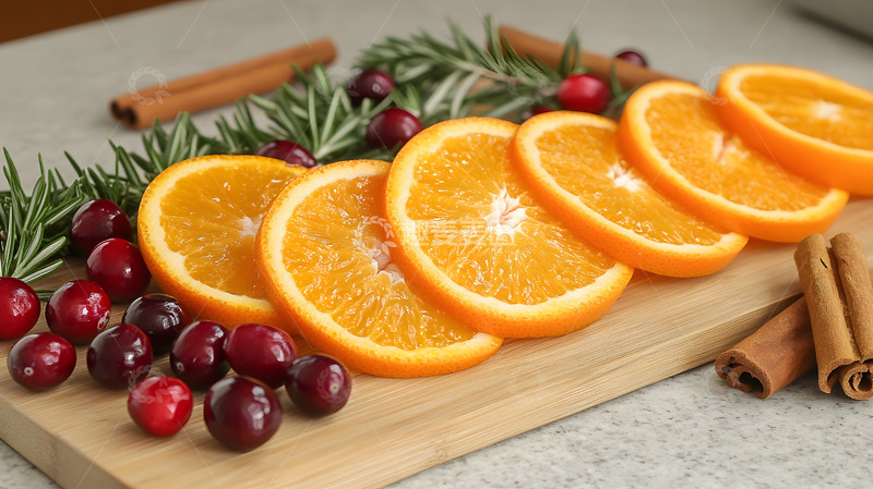 高清大图下载【趣麦麦图】橙子切片蔓越莓迷迭香肉桂木质砧板特写