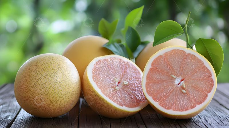 高清大图下载【趣麦麦图】木质表面的粉色葡萄柚切片与整颗水果图