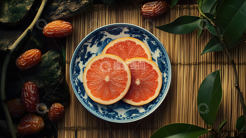 高清大图下载【趣麦麦图】蓝色花盘装粉色葡萄柚切片自然水果图