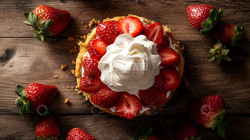 高清大图下载【趣麦麦图】草莓奶油塔木质背景甜美美食特写