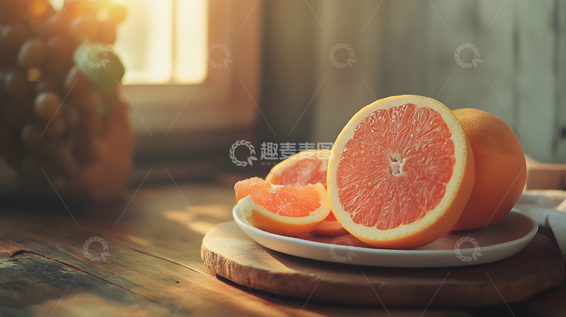 高清大图下载【趣麦麦图】窗边阳光照射下的盘装粉色葡萄柚温暖早餐图