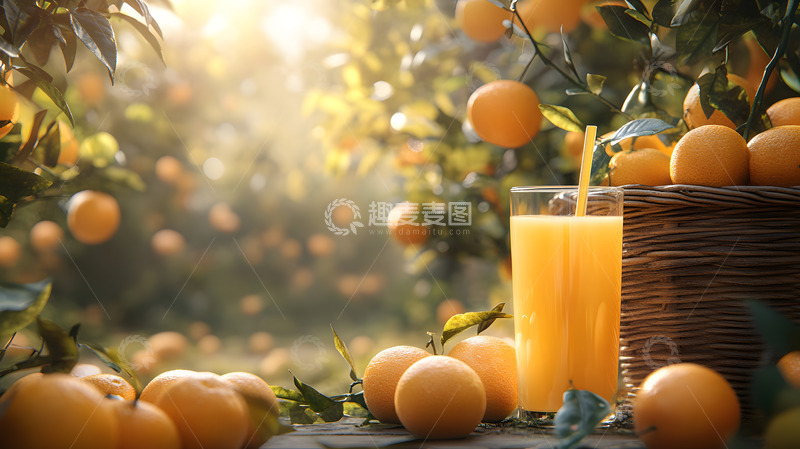 高清大图下载【趣麦麦图】橙子果园橙汁健康饮品阳光自然清新背景