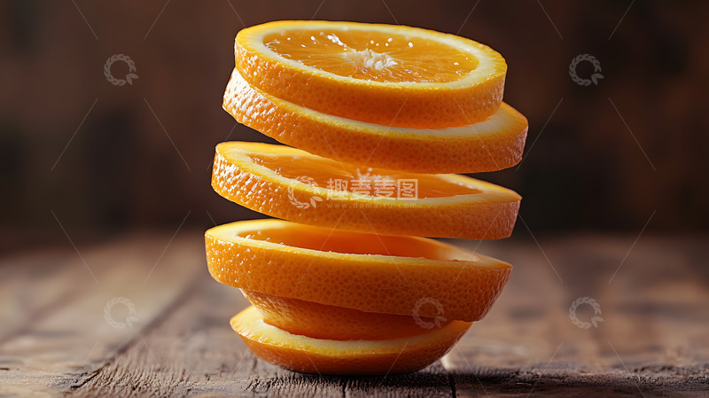 高清大图下载【趣麦麦图】堆叠橙子切片健康水果木质背景特写