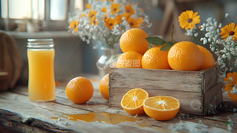 高清大图下载【趣麦麦图】橙子木箱橙汁健康饮品温馨花朵背景特写