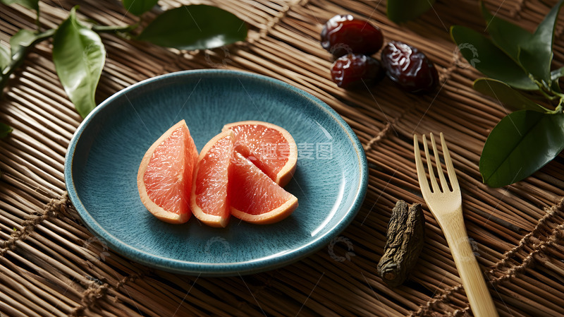 高清大图下载【趣麦麦图】装粉色葡萄柚片与绿色叶子自然水果图