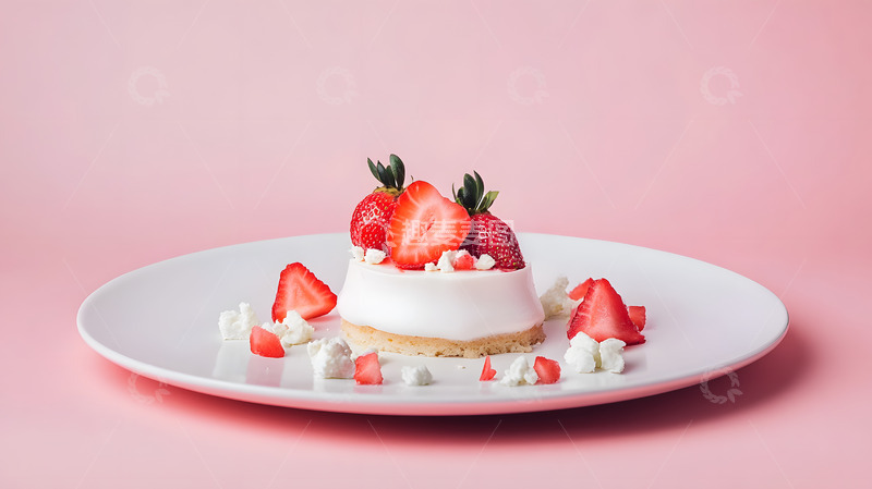高清大图下载【趣麦麦图】草莓奶油甜点粉红色背景精致甜美特写