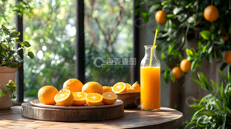 高清大图下载【趣麦麦图】橙汁橙子健康水果橙树窗外自然光景