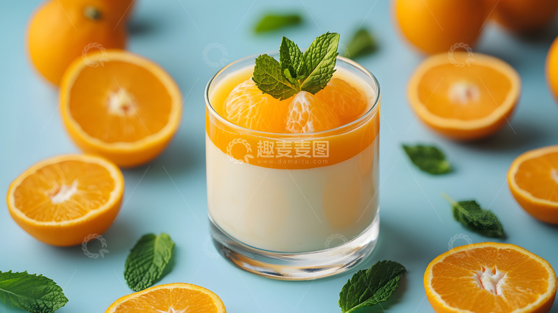 高清大图下载【趣麦麦图】橙子甜品薄荷装饰蓝色背景健康美食特写