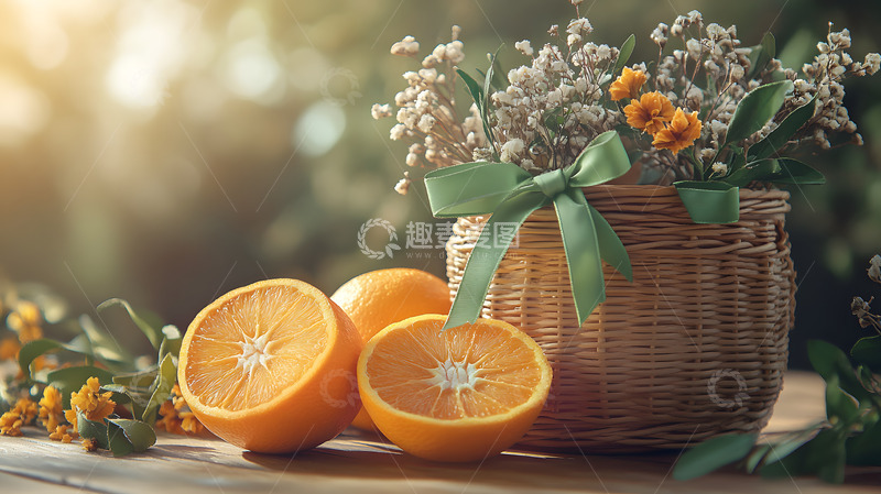 高清大图下载【趣麦麦图】橙子切片花篮装饰温暖自然光背景特写