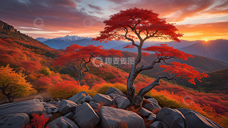 高清大图下载【趣麦麦图】岩中红枫高清