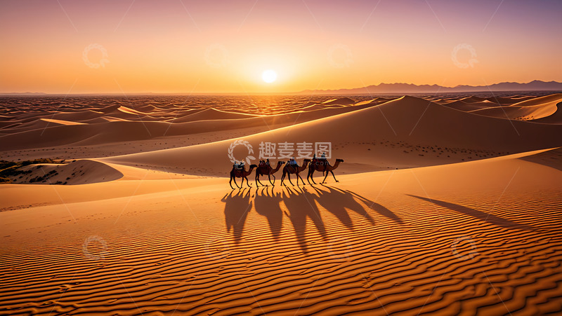 高清大图下载【趣麦麦图】落阳下的商队