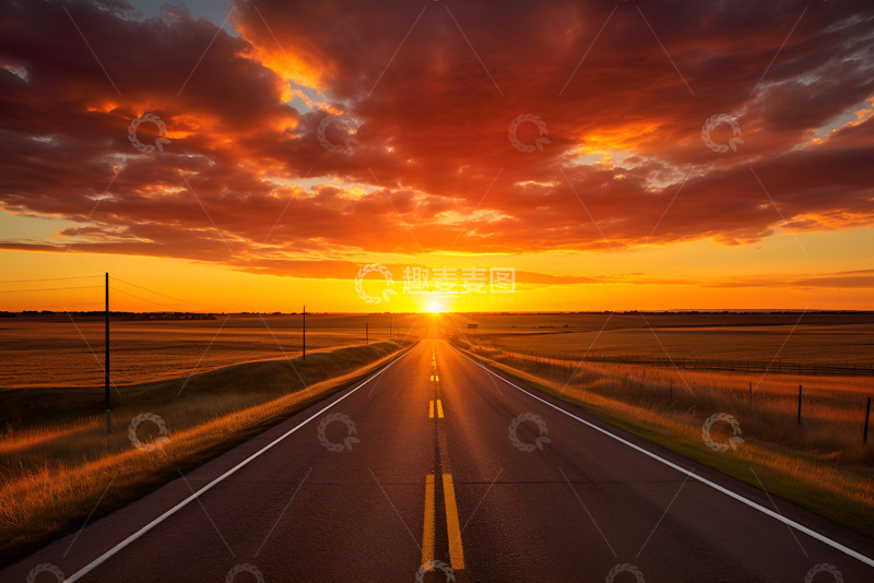 高清大图下载【趣麦麦图】公路地平线上升起的太阳