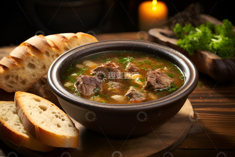 高清大图下载【趣麦麦图】一碗肉汤和面包