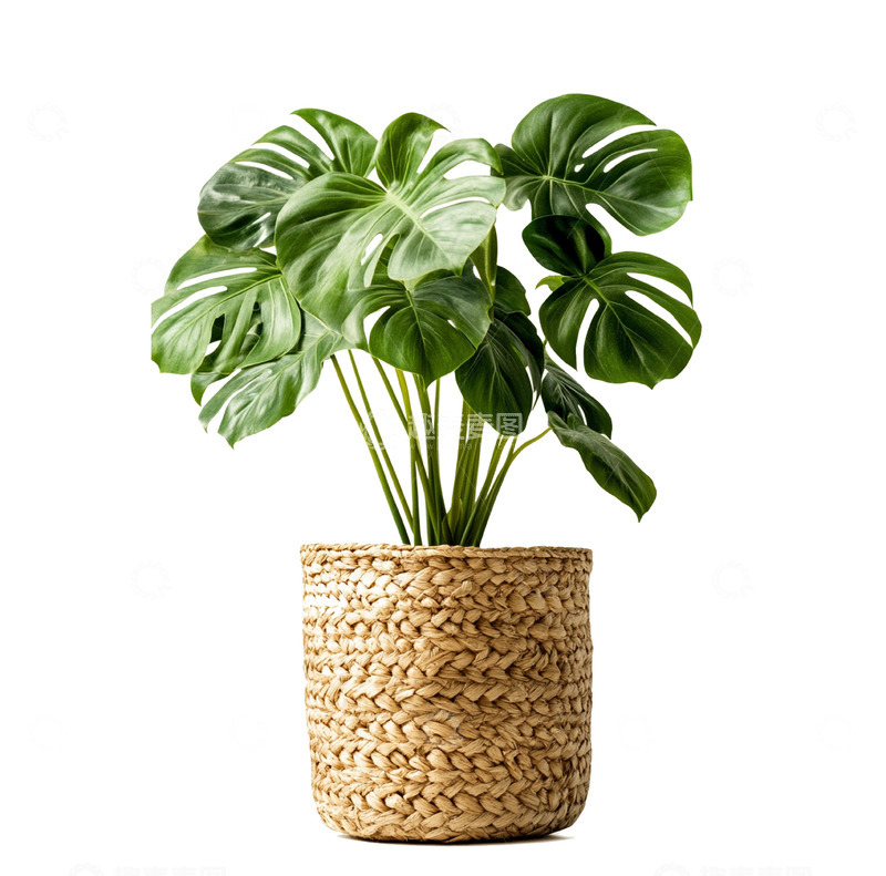 一棵编织花盆的盆栽植物