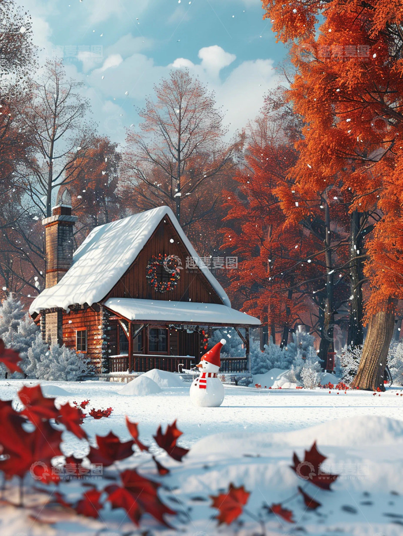高清大图下载【趣麦麦图】树林建筑雪人