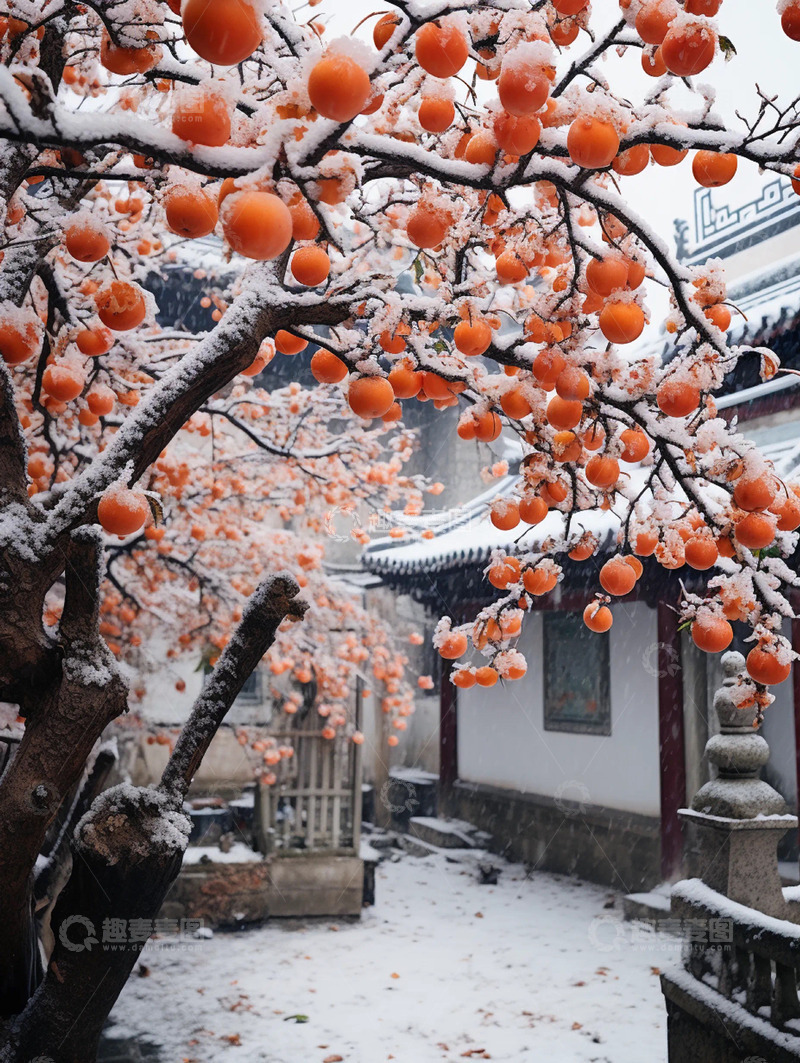 高清大图下载【趣麦麦图】庭院柿子树雪景
