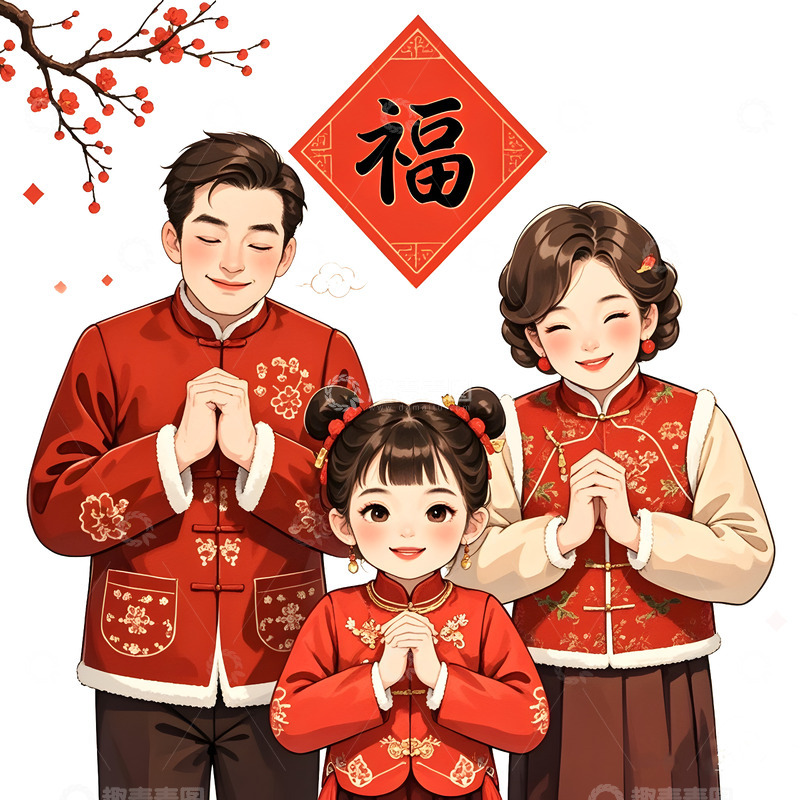 春节一家三口拜年卡通插画素材