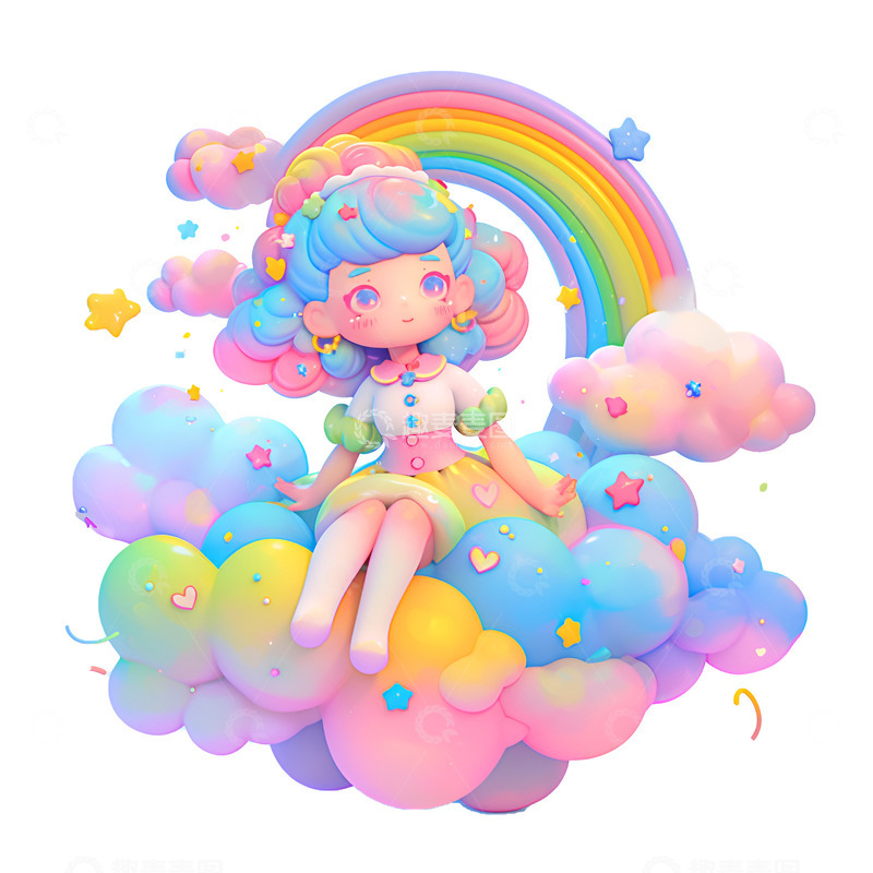 高清大图下载【趣麦麦图】坐在云朵上的小女孩