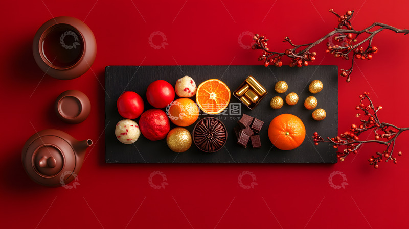 高清大图下载【趣麦麦图】红色背景与传统点心茶具节庆美食设计图片