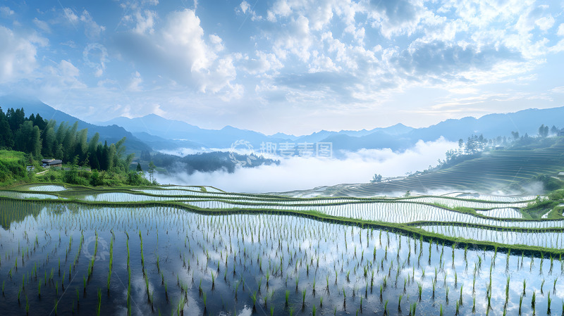 高清大图下载【趣麦麦图】梯田与云雾环绕的山峦自然风景图片