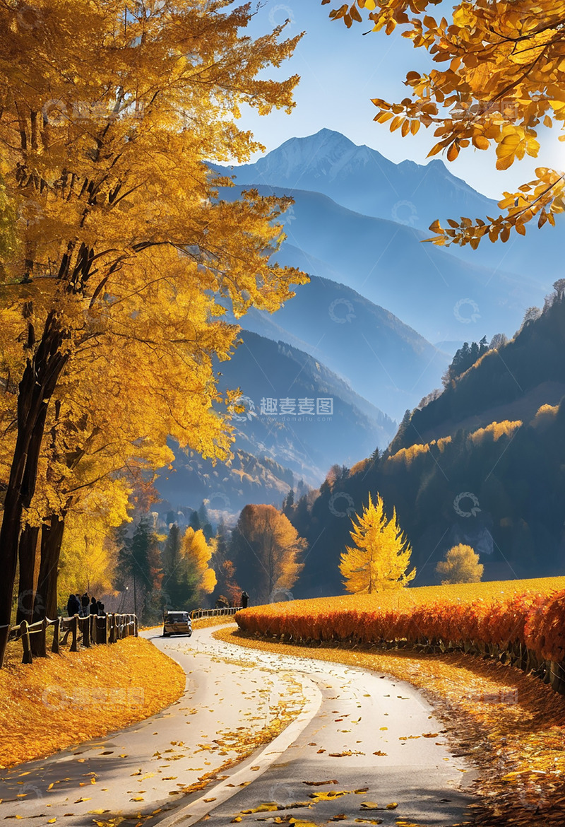 高清大图下载【趣麦麦图】秋天枫叶远山风景