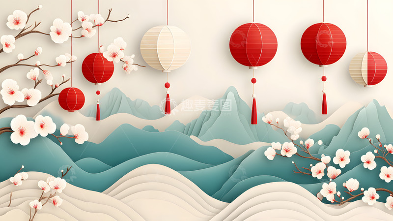 高清大图下载【趣麦麦图】中国风山水梅花红灯笼节庆装饰设计图片