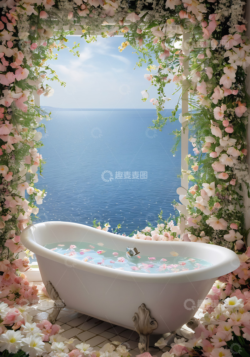 高清大图下载【趣麦麦图】唯美海边花环浴缸风景