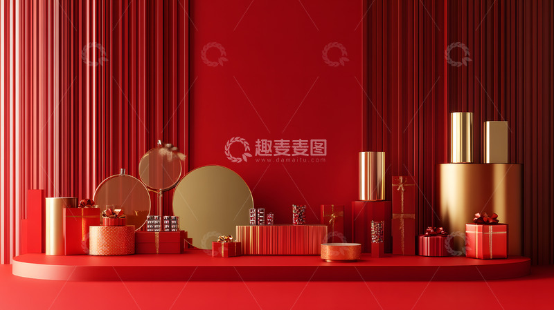 高清大图下载【趣麦麦图】红色背景与几何装饰物节庆设计图片