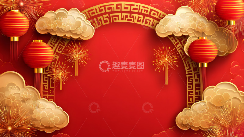 高清大图下载【趣麦麦图】红色背景牌坊祥云灯笼与烟花节庆装饰背景
