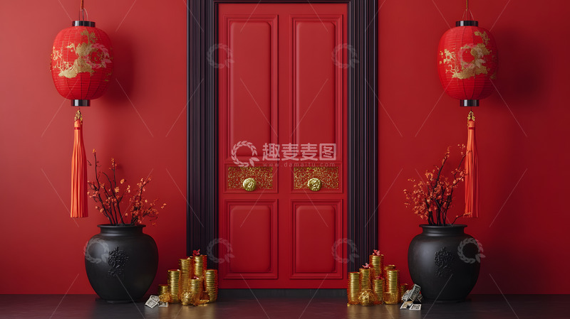高清大图下载【趣麦麦图】红色大门与红灯笼金元宝节庆装饰设计图片