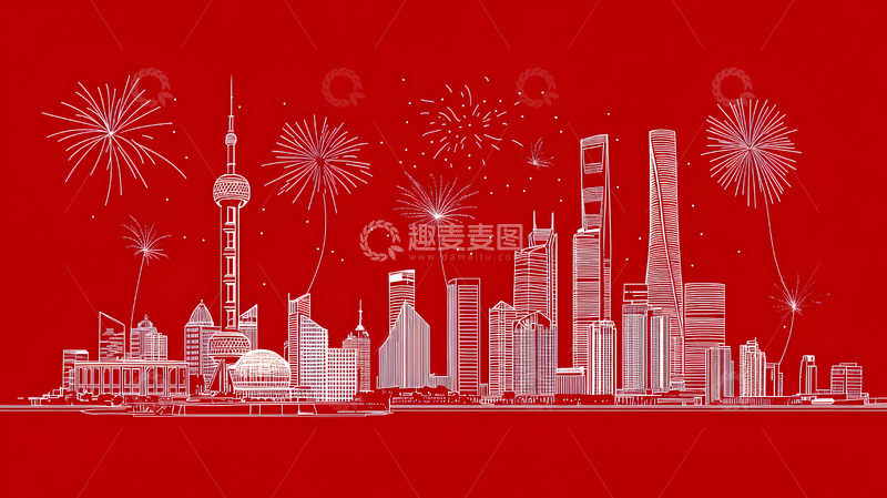 高清大图下载【趣麦麦图】红色背景城市剪影与烟花节庆设计图片