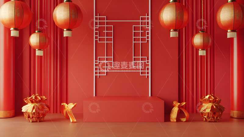 高清大图下载【趣麦麦图】红色背景金色灯笼与元宝节庆装饰舞台背景