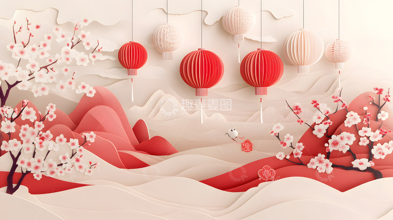 高清大图下载【趣麦麦图】中国风红色山水梅花灯笼节庆装饰设计图片
