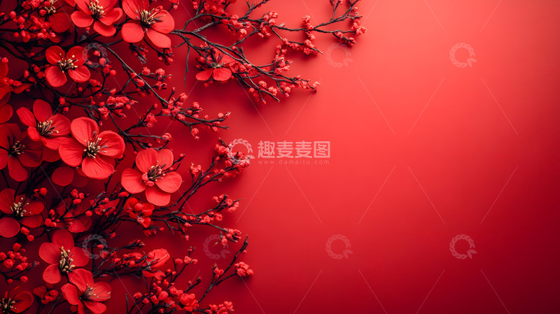 高清大图下载【趣麦麦图】红色背景与梅花节庆装饰设计图片