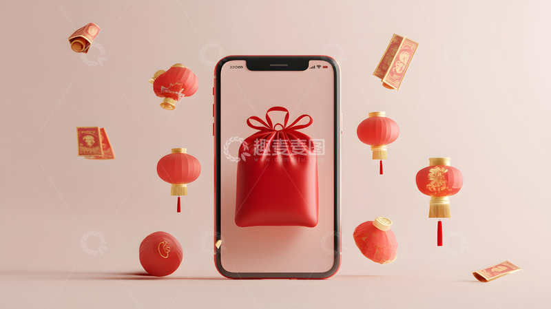 高清大图下载【趣麦麦图】手机屏幕红色钱袋与灯笼红包节庆背景
