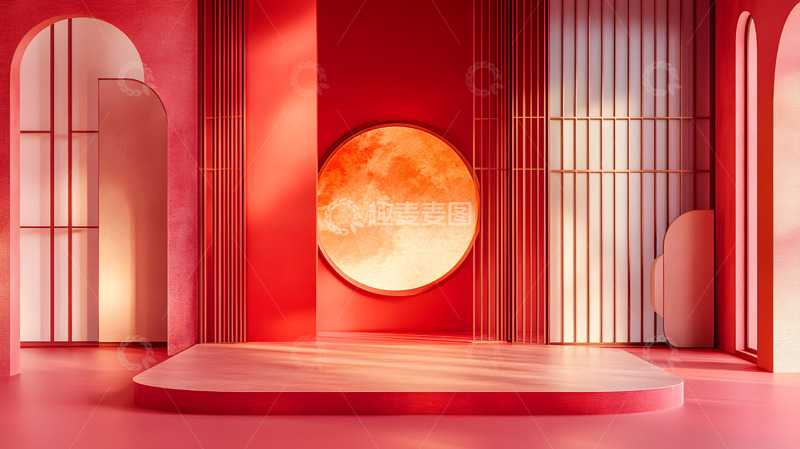高清大图下载【趣麦麦图】红色现代舞台与发光圆形装饰节庆设计图片