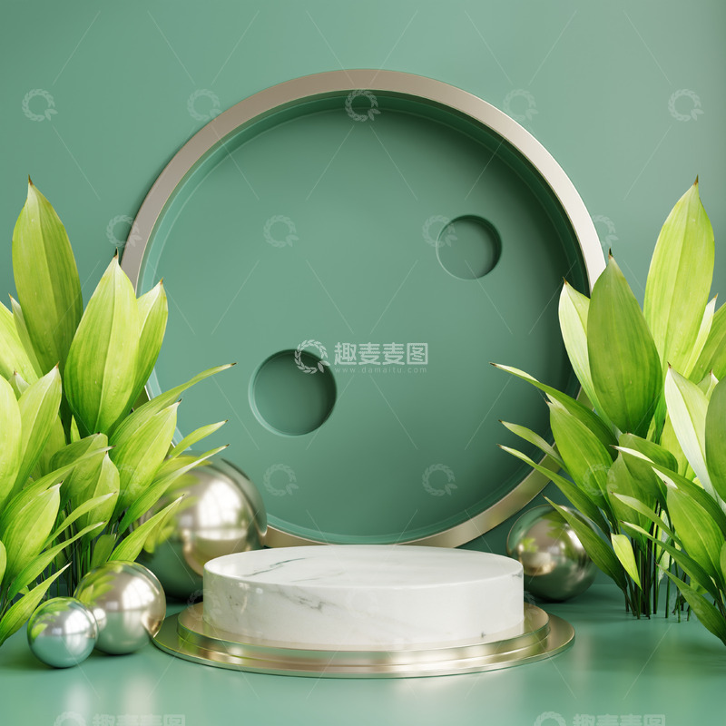 高清大图下载【趣麦麦图】现代简约风金色底座白展台与绿植装饰
