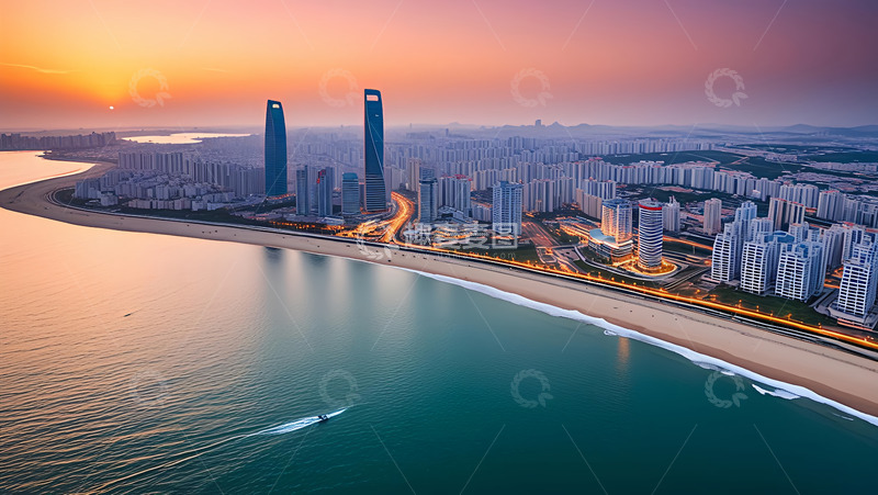 高清大图下载【趣麦麦图】夕阳城市沙滩