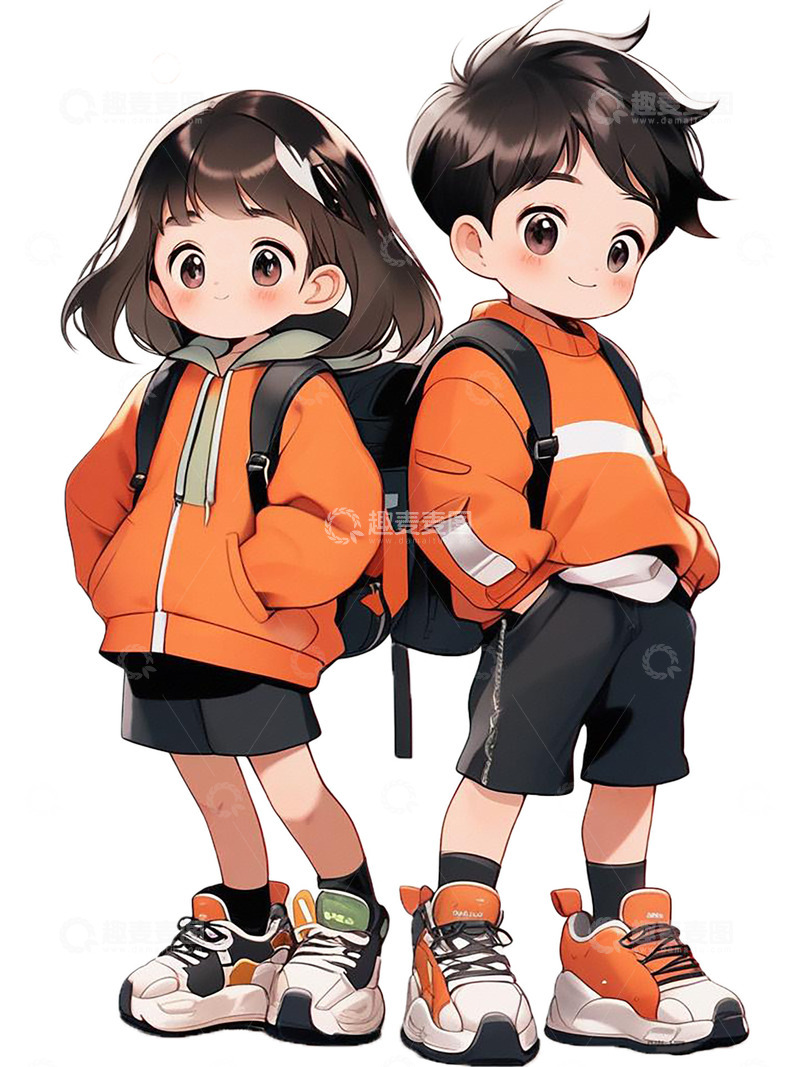 手绘卡通背书包一起去上学的可爱小朋友