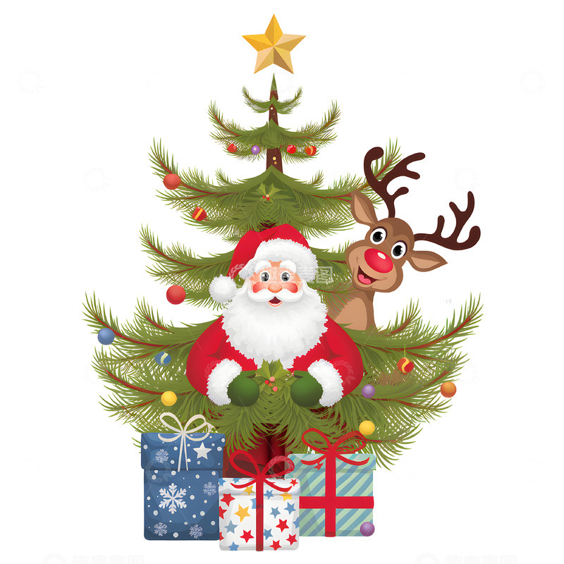 可爱圣诞老人和驯鹿卡通插画素材