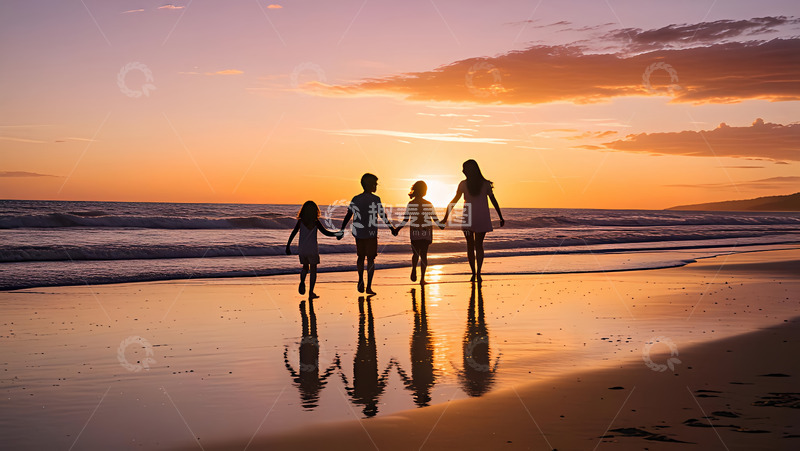 高清大图下载【趣麦麦图】黄昏去踏浪亲子