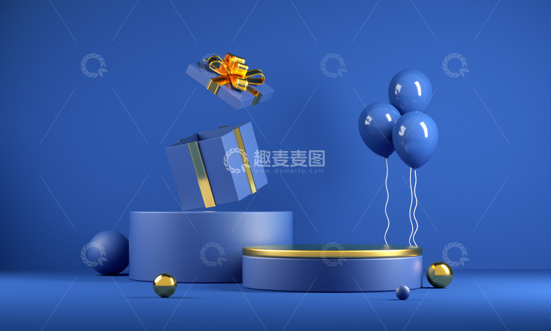 高清大图下载【趣麦麦图】蓝色庆典金边展台与礼物盒