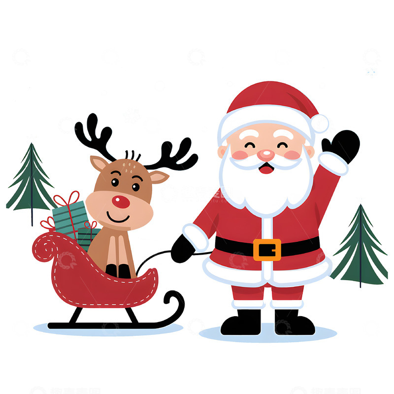 高清大图下载【趣麦麦图】卡通圣诞老人雪撬插画素材