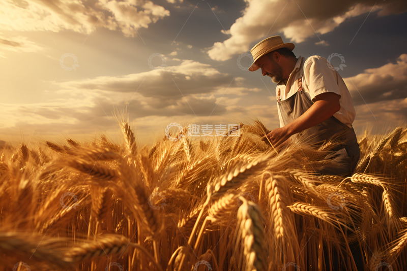 高清大图下载【趣麦麦图】秋季麦田里收割麦子的农民