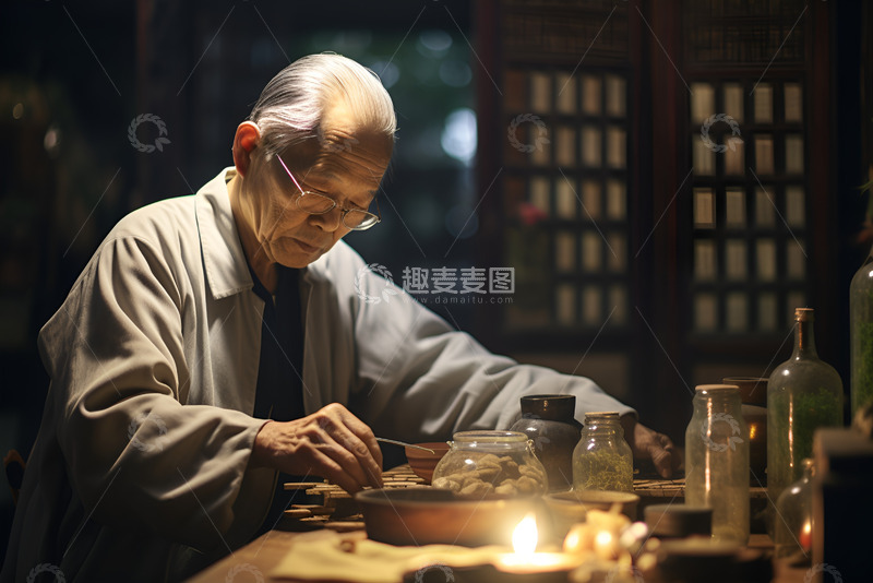 高清大图下载【趣麦麦图】整理药材的老中医