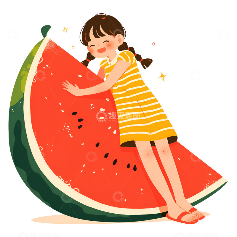 高清大图下载【趣麦麦图】卡通西瓜和女孩