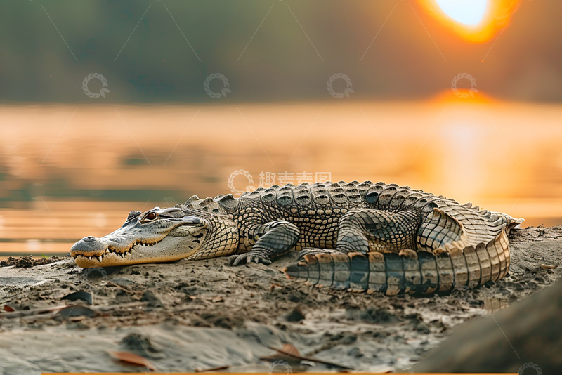 高清大图下载【趣麦麦图】趴在河边晒太阳的鳄鱼