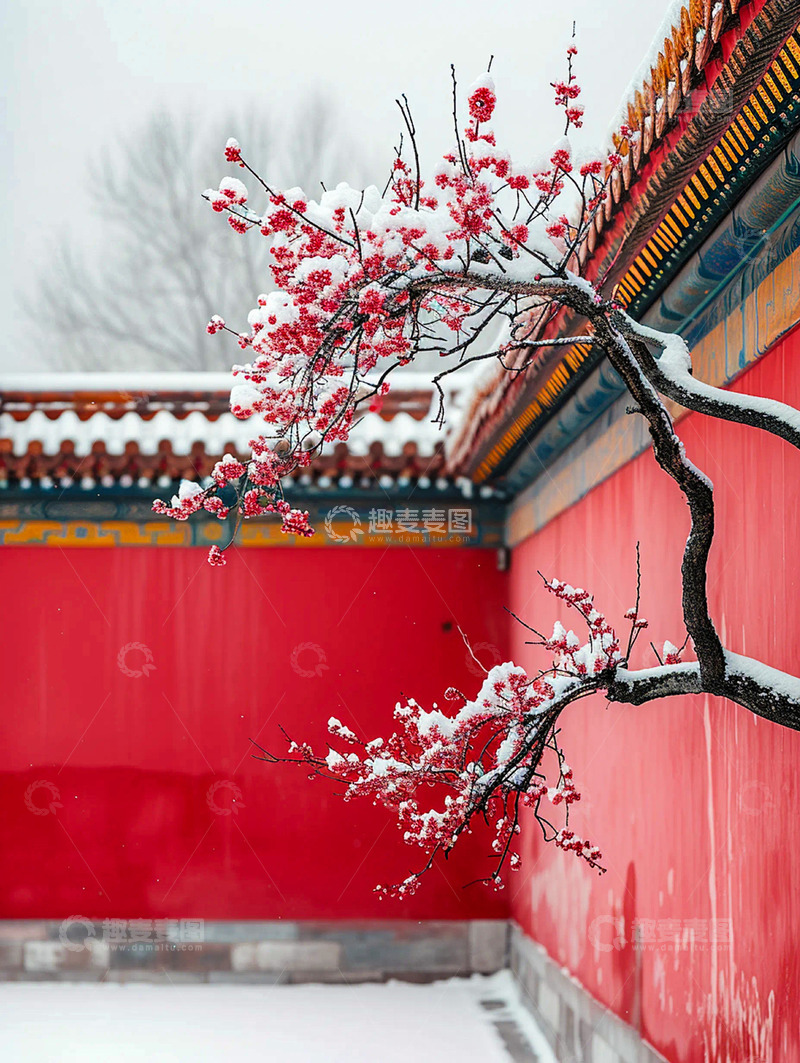 高清大图下载【趣麦麦图】冬季宫墙红梅