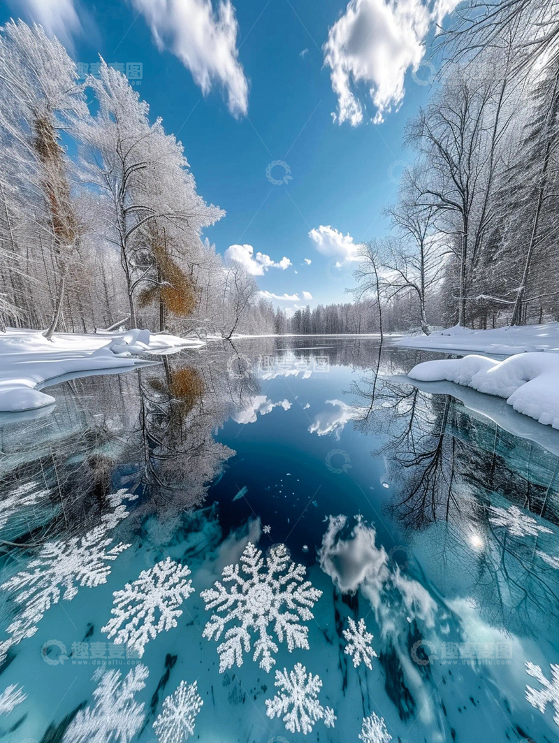 高清大图下载【趣麦麦图】冬日树木河水倒影